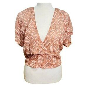 June and Hudson Women's Large Banded Bottom Leaf Boho Mauve Deep V Blouse NWT